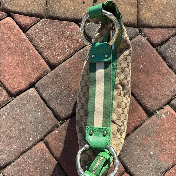 Vintage Gucci Shoulder Bag GG Pattern Bamboo 131036 Beige Brown Green Leather - Picture 7 of 16